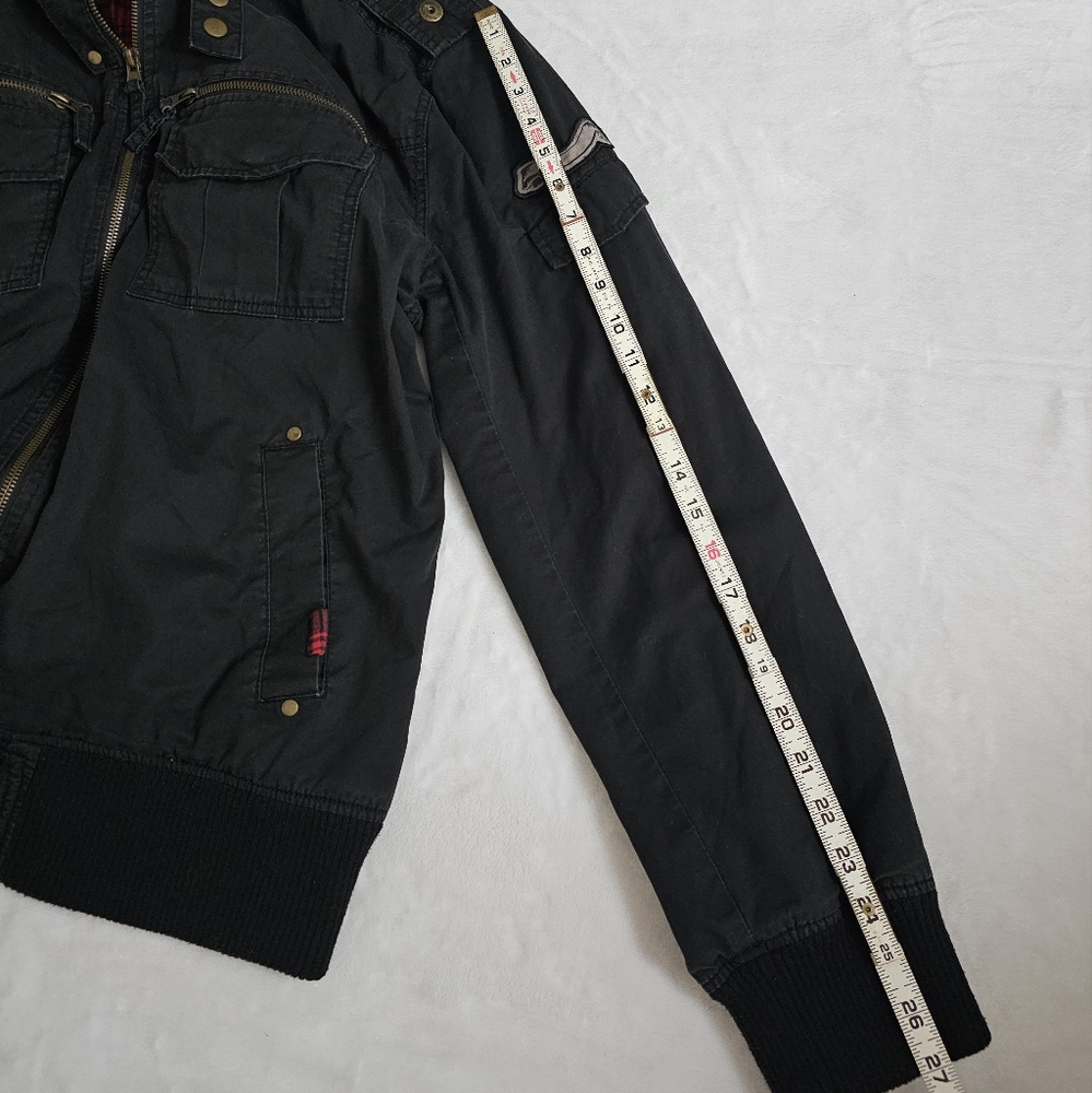 Marc Ecko Cut & Sew Rare Black Red Plaid Lined Military Style Bomber Jacket - Picture 10 of 14